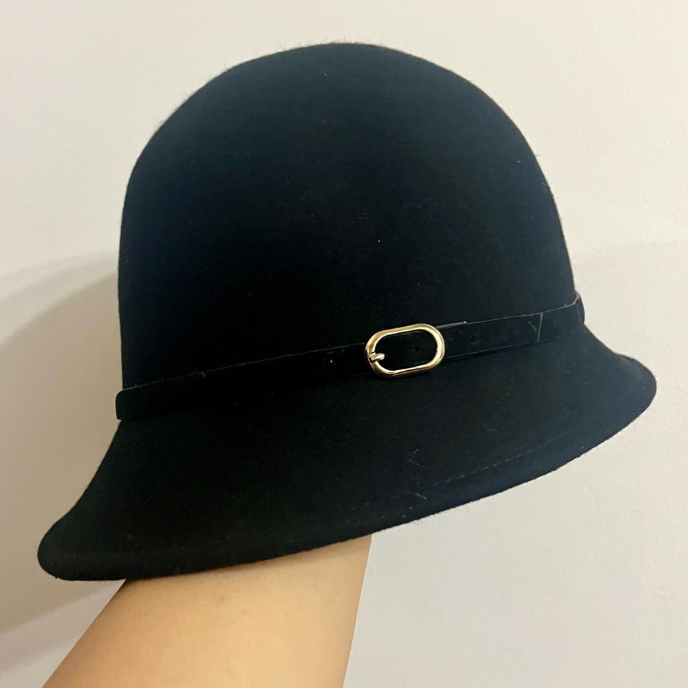 H&M Black 100% Wool Cloche Hat with Buckle Detailing